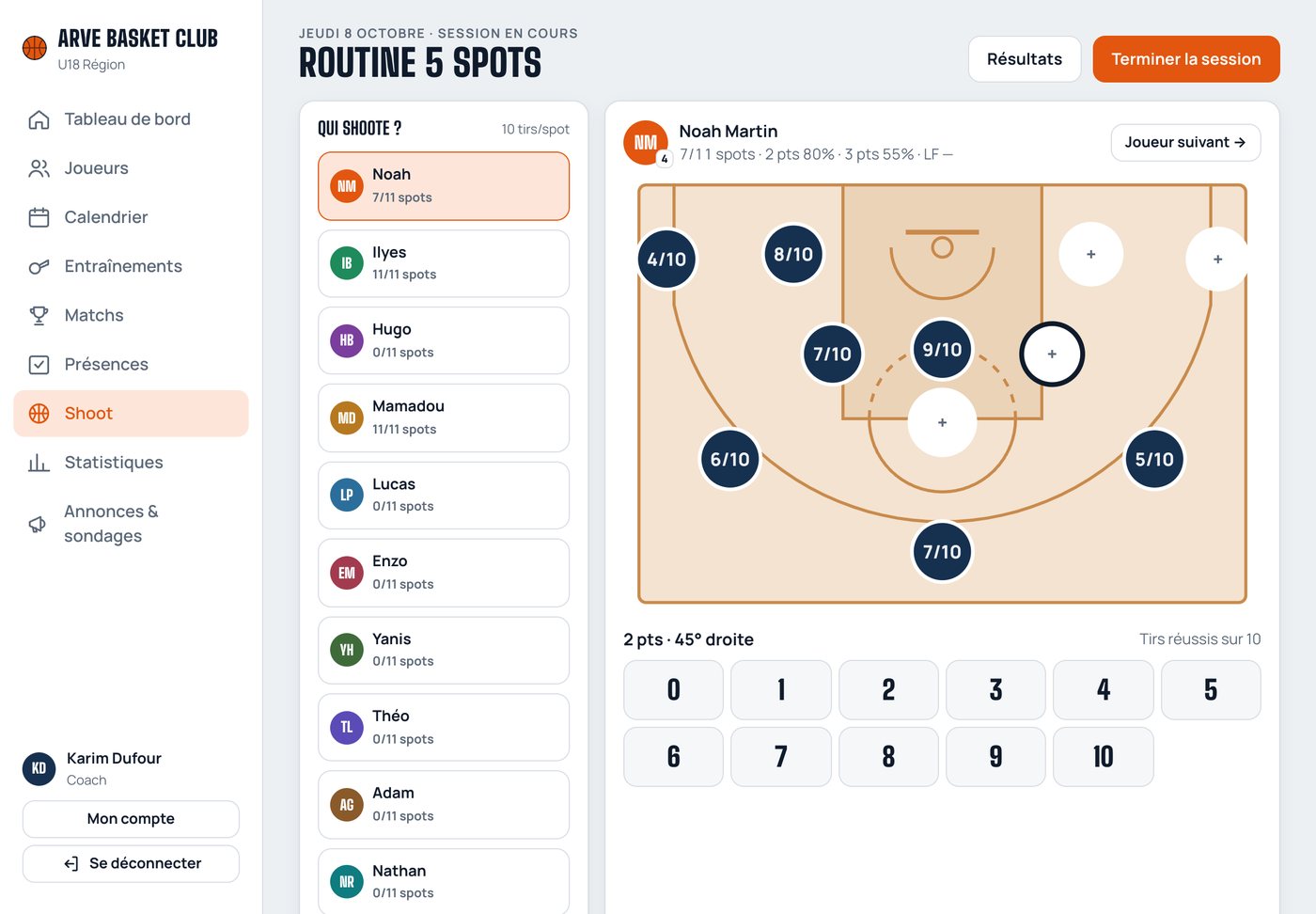 Session de shoot sur tablette : liste des joueurs, demi-terrain avec les spots et pavé de saisie
